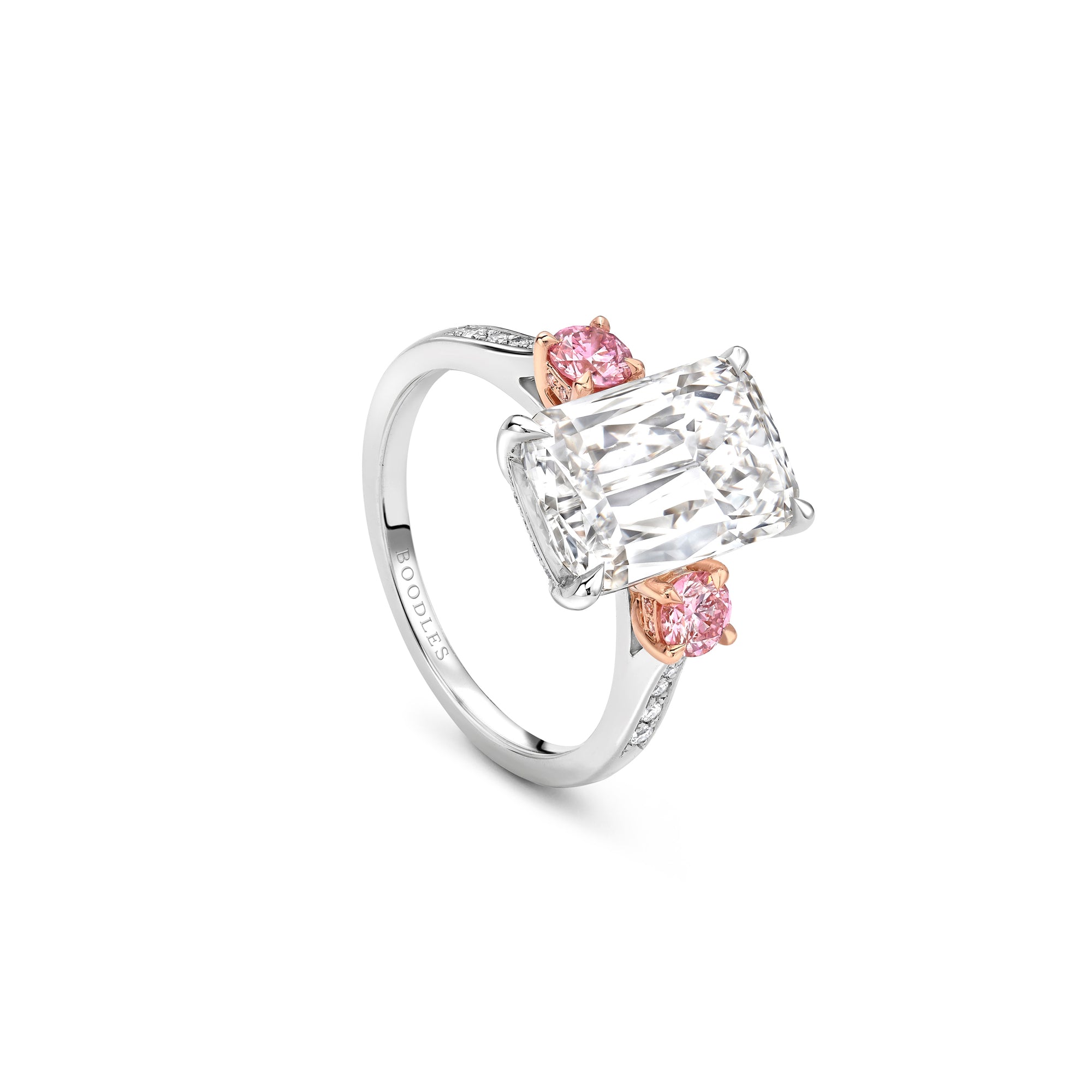 Ashoka Pink Diamond Shoulders Platinum and Rose Gold Ring