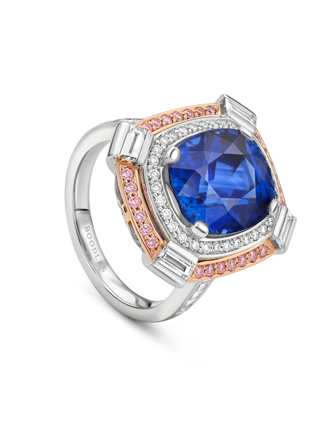 Vintage Cushion Sapphire Platinum and Rose Gold Ring