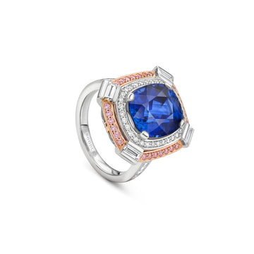 Vintage Cushion Sapphire Platinum and Rose Gold Ring