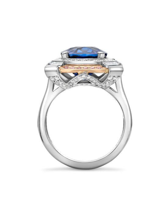 Vintage Cushion Sapphire Platinum and Rose Gold Ring