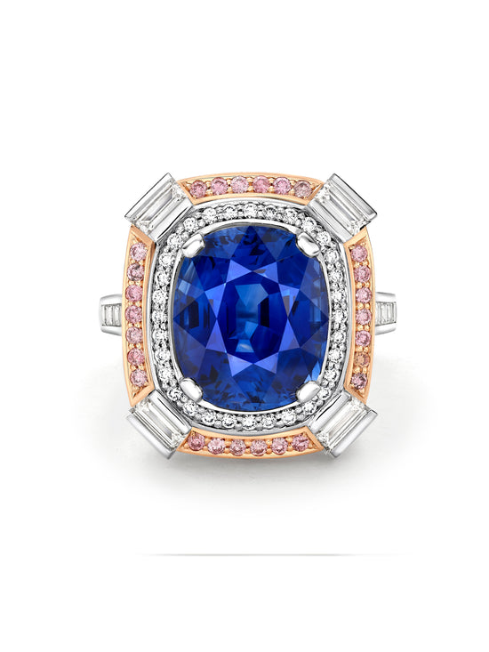 Vintage Cushion Sapphire Platinum and Rose Gold Ring