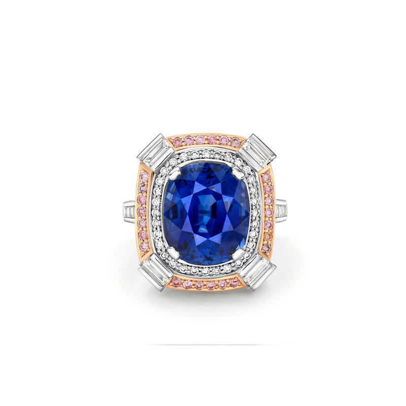 Vintage Cushion Sapphire Platinum and Rose Gold Ring