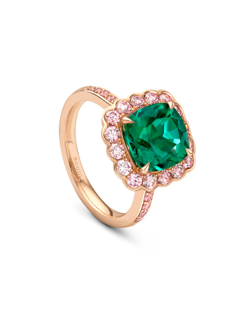 Scalloped Cushion Emerald and Pink Diamond Rose Gold Ring