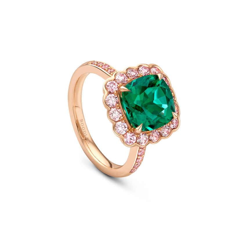 Scalloped Cushion Emerald and Pink Diamond Rose Gold Ring