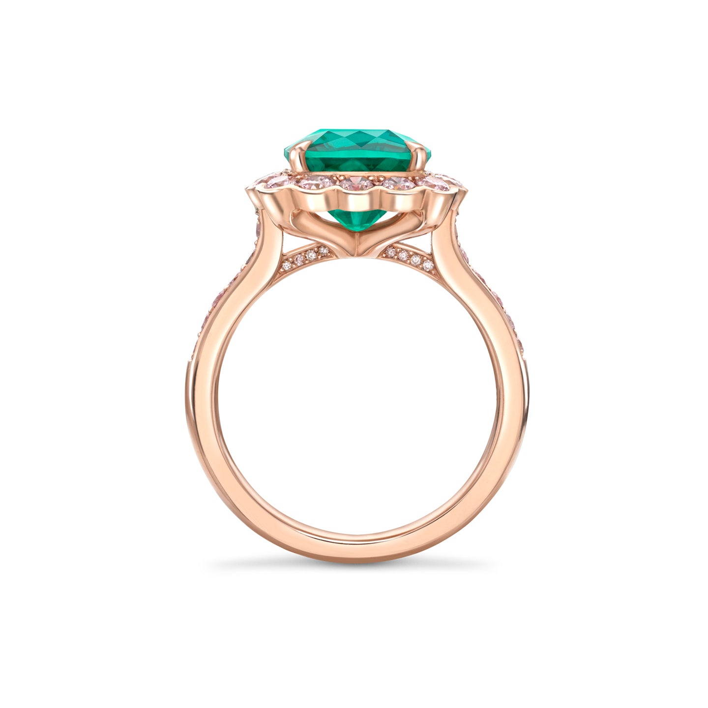 Scalloped Cushion Emerald and Pink Diamond Rose Gold Ring