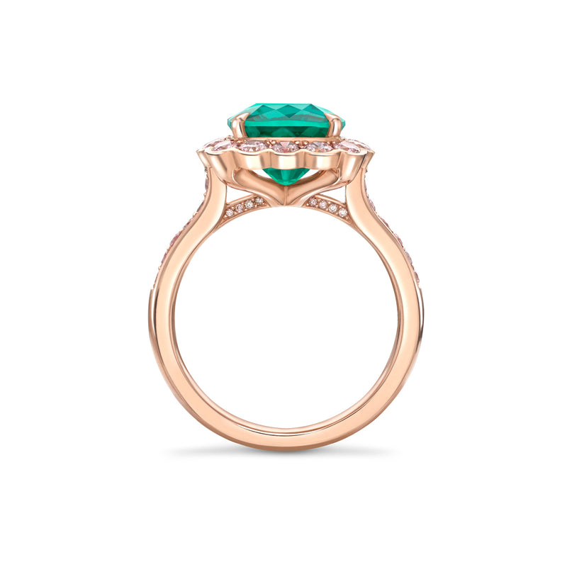 Scalloped Cushion Emerald and Pink Diamond Rose Gold Ring