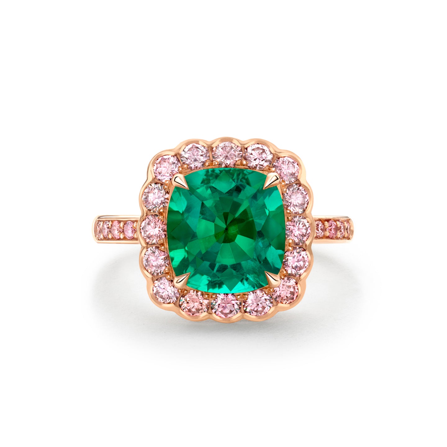 Scalloped Cushion Emerald and Pink Diamond Rose Gold Ring