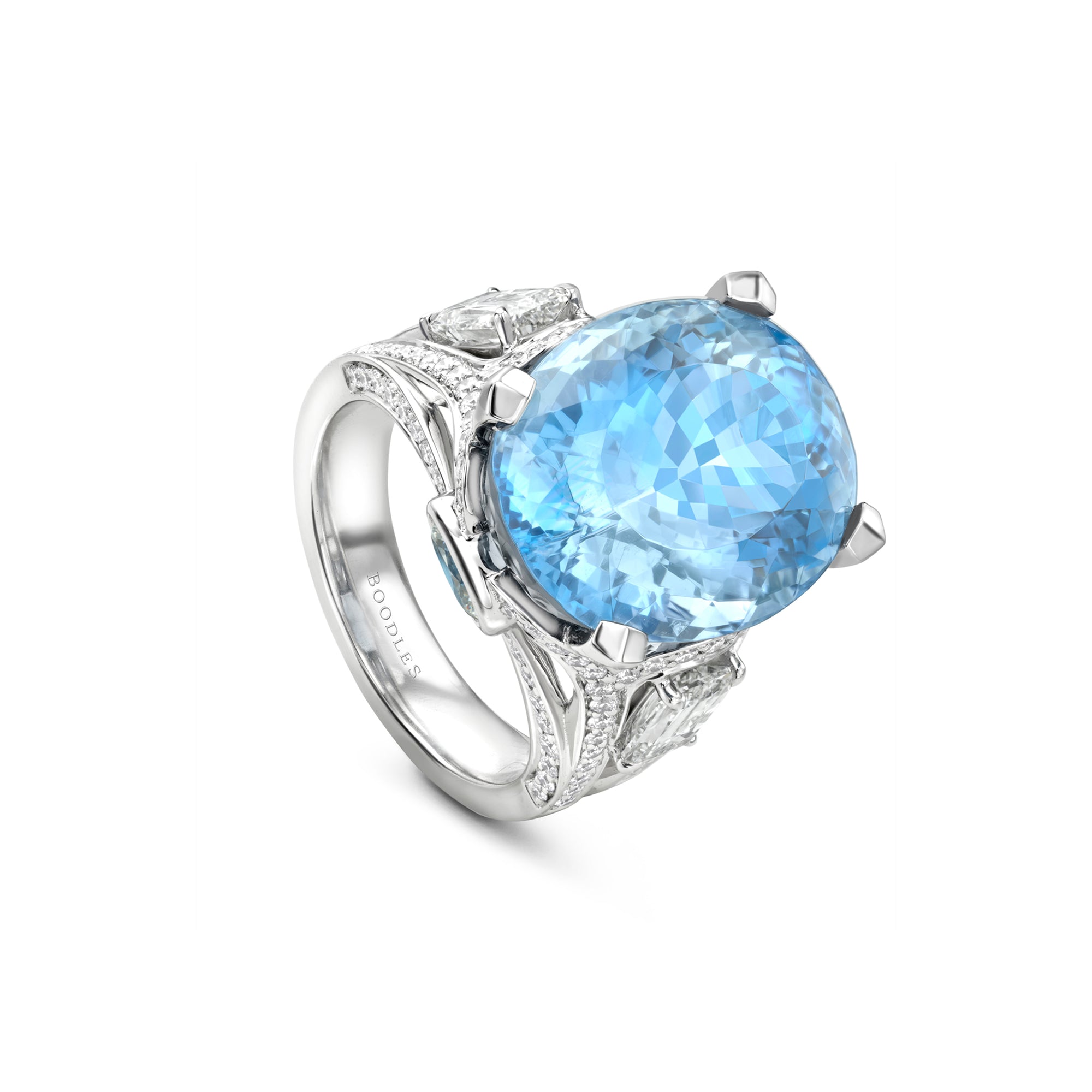 Large oval aquamarine and diamond platinum ring from the Lady Alice's Temple design in The Palace Collection.