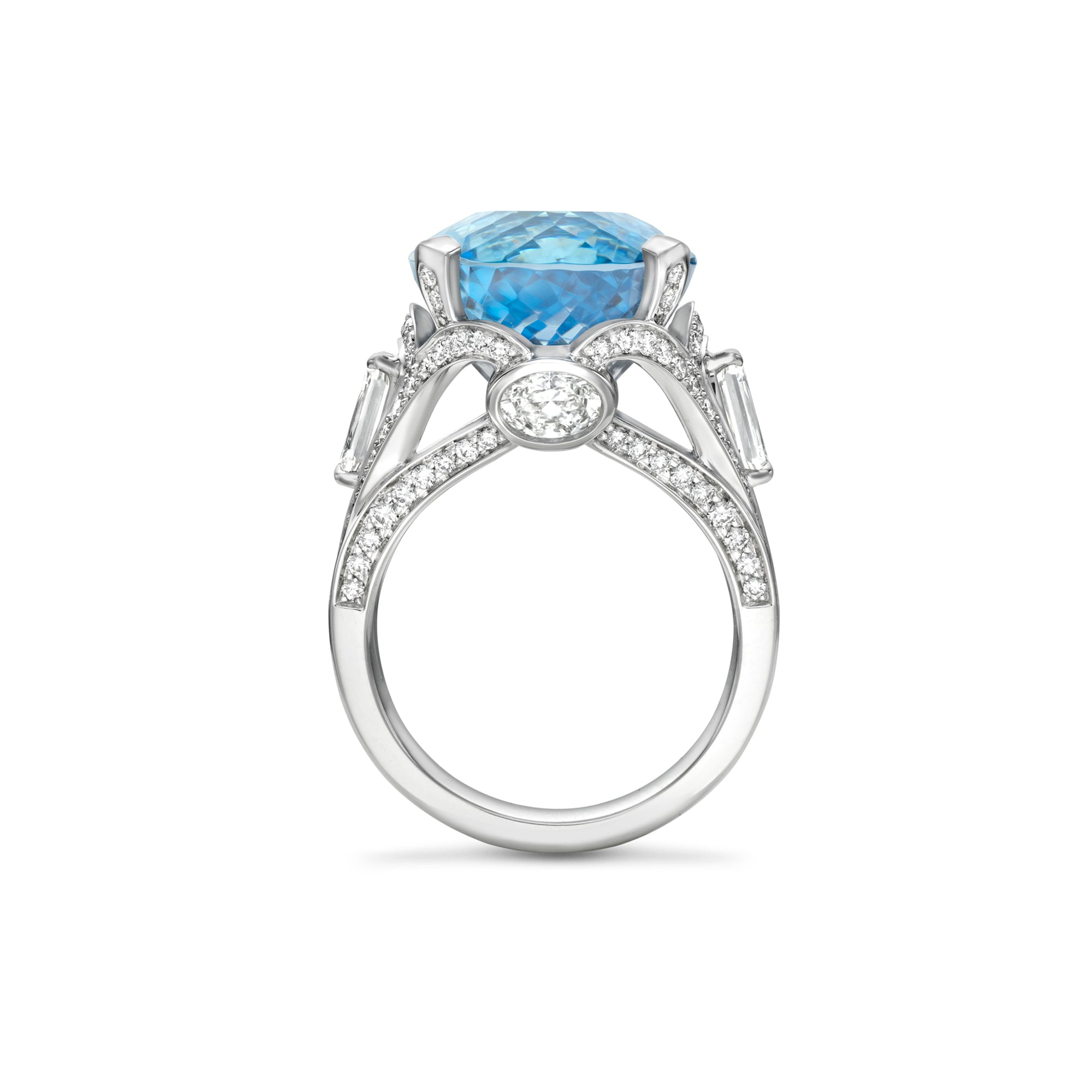 Platinum Lady Alice's Temple ring featuring a large oval aquamarine center stone and intricate diamond details.