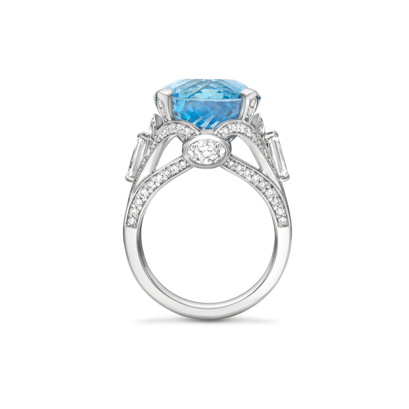 Platinum Lady Alice's Temple ring featuring a large oval aquamarine center stone and intricate diamond details.