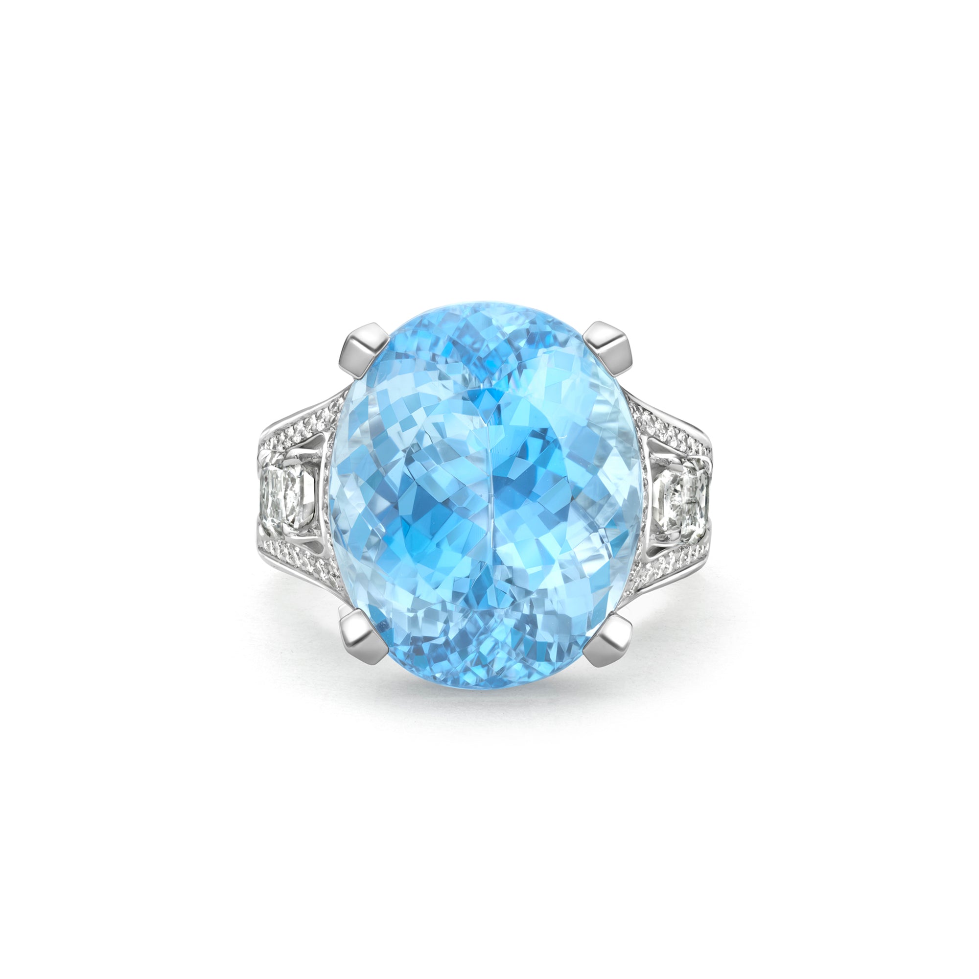 The Palace Collection Lady Alice's Temple ring featuring an oval aquamarine and Ashoka diamonds in platinum.