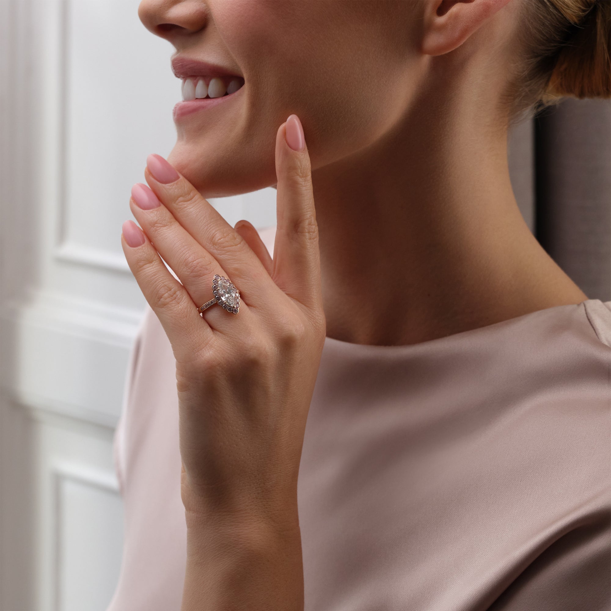 Scalloped Marquise Diamond and Pink Diamond Rose Gold Ring
