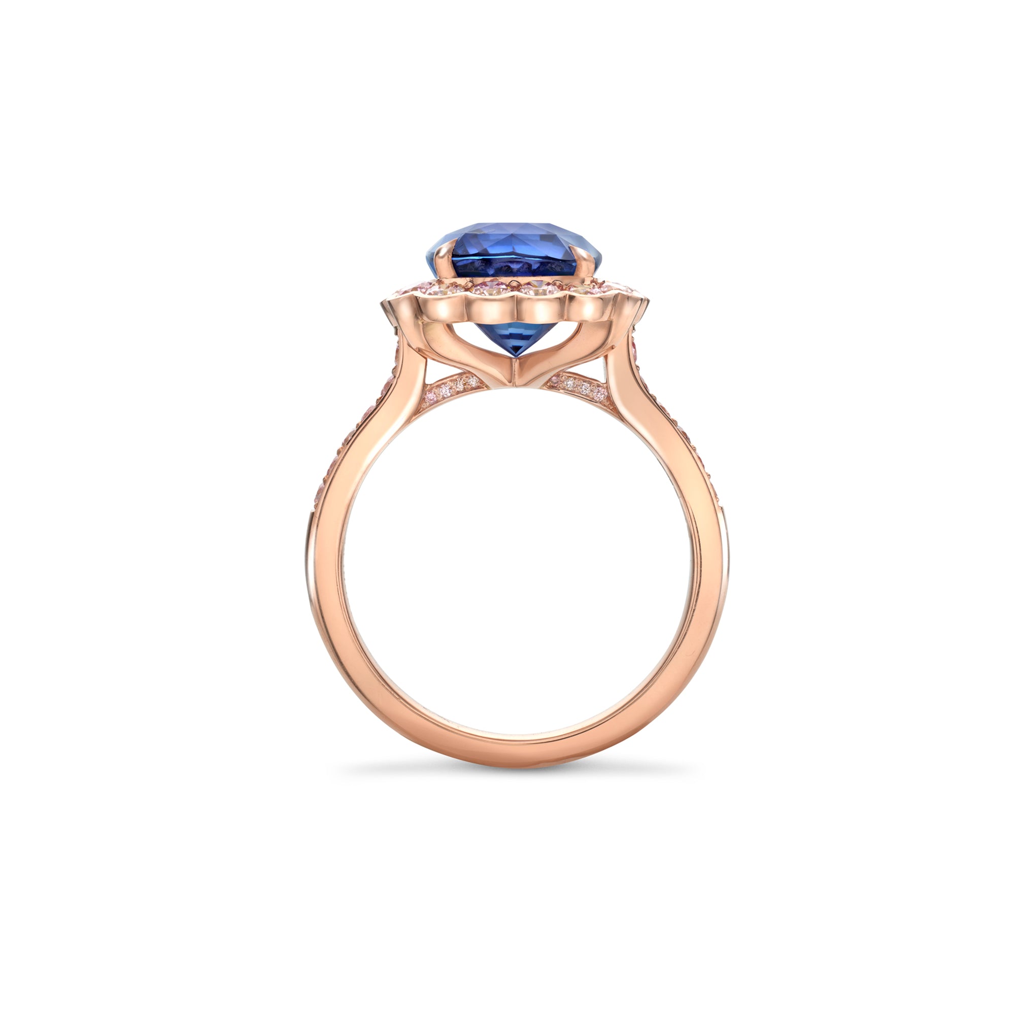 Scalloped Cushion Sapphire and Pink Diamond Rose Gold Ring