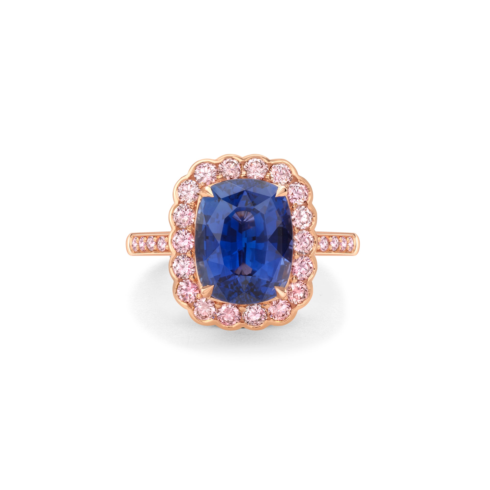 Scalloped Cushion Sapphire and Pink Diamond Rose Gold Ring