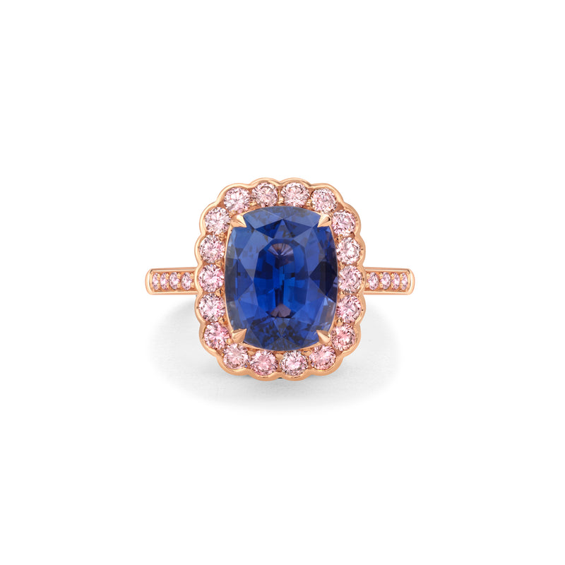 Scalloped Cushion Sapphire and Pink Diamond Rose Gold Ring