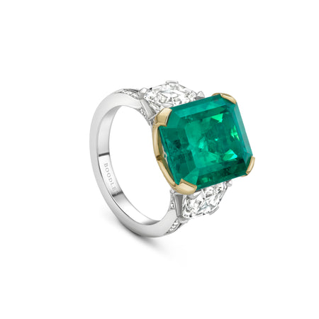 Octagonal Emerald and Diamond Platinum and Yellow Gold Ring