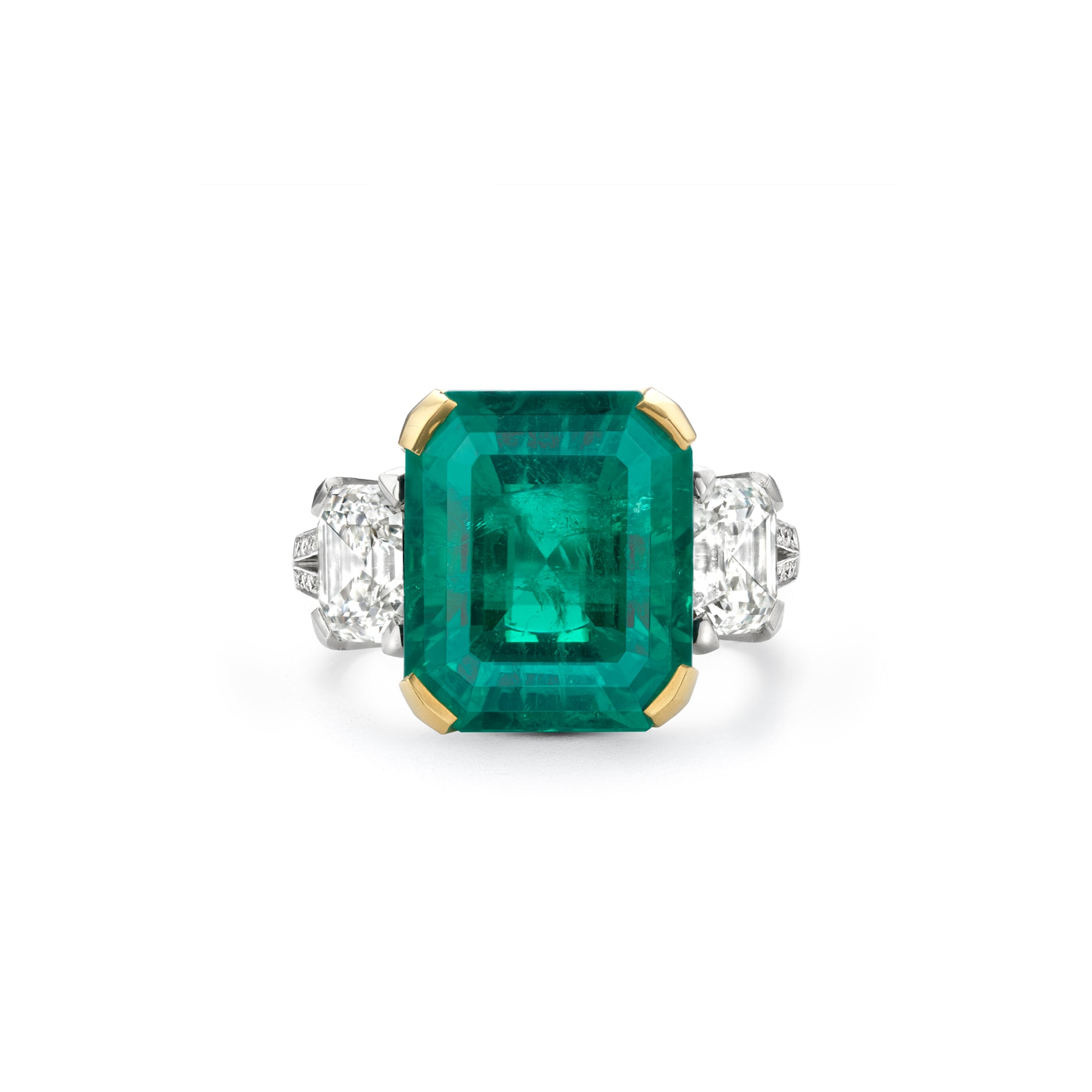 Octagonal Emerald and Diamond Platinum and Yellow Gold Ring