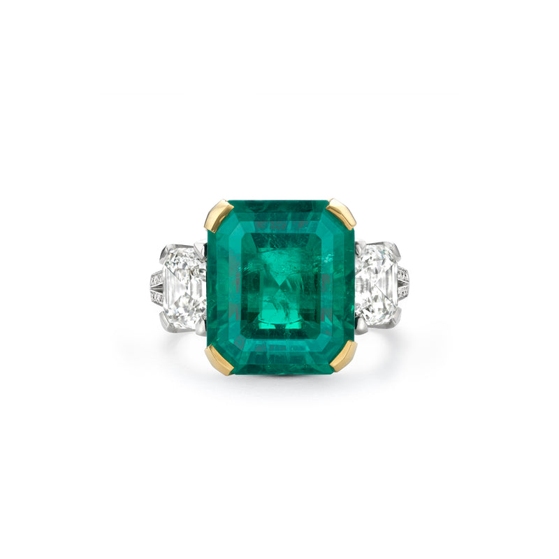 Octagonal Emerald and Diamond Platinum and Yellow Gold Ring