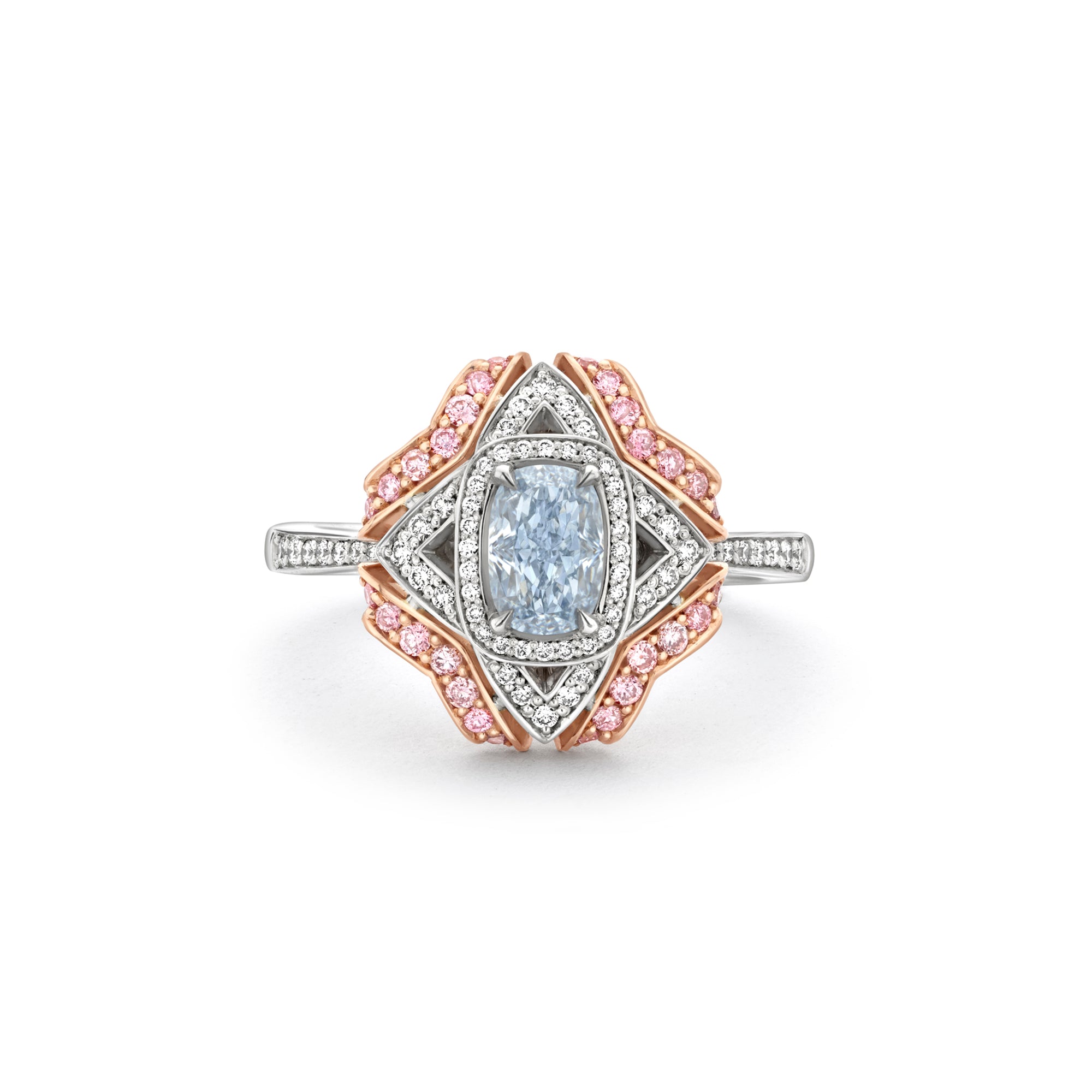 Quatrefoil Cushion Blue Diamond Ring