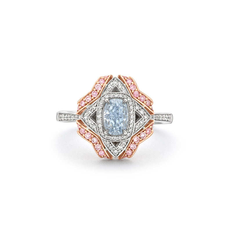 Quatrefoil Cushion Blue Diamond Ring