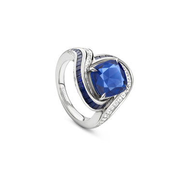 Swirl Cushion Sapphire and Diamond Platinum Ring