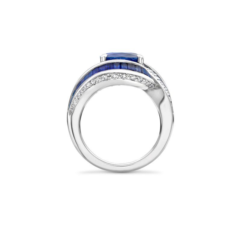 Swirl Cushion Sapphire and Diamond Platinum Ring