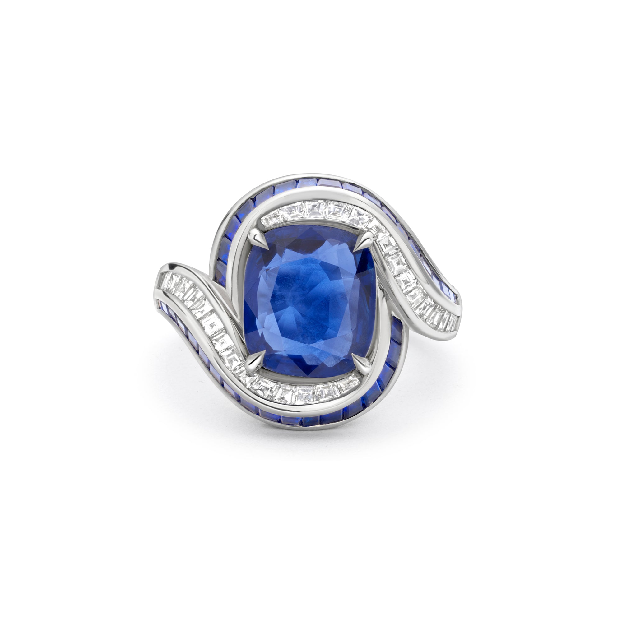 Swirl Cushion Sapphire and Diamond Platinum Ring