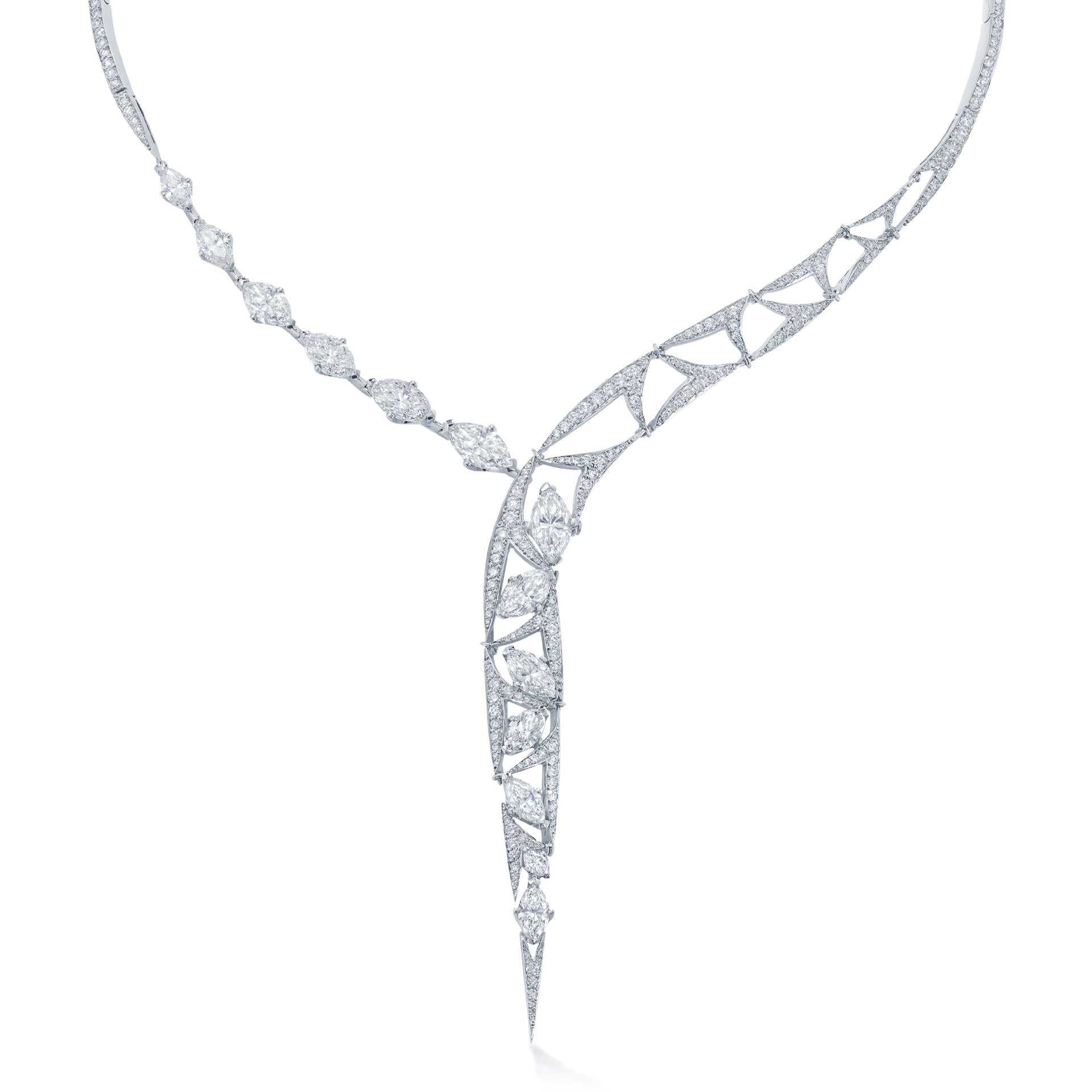 Pas De Deux platinum necklace showcasing an elegant Y-shape set with marquise, pear, and brilliant-cut diamonds.