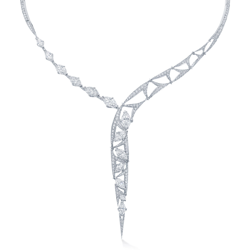 Pas De Deux platinum necklace showcasing an elegant Y-shape set with marquise, pear, and brilliant-cut diamonds.