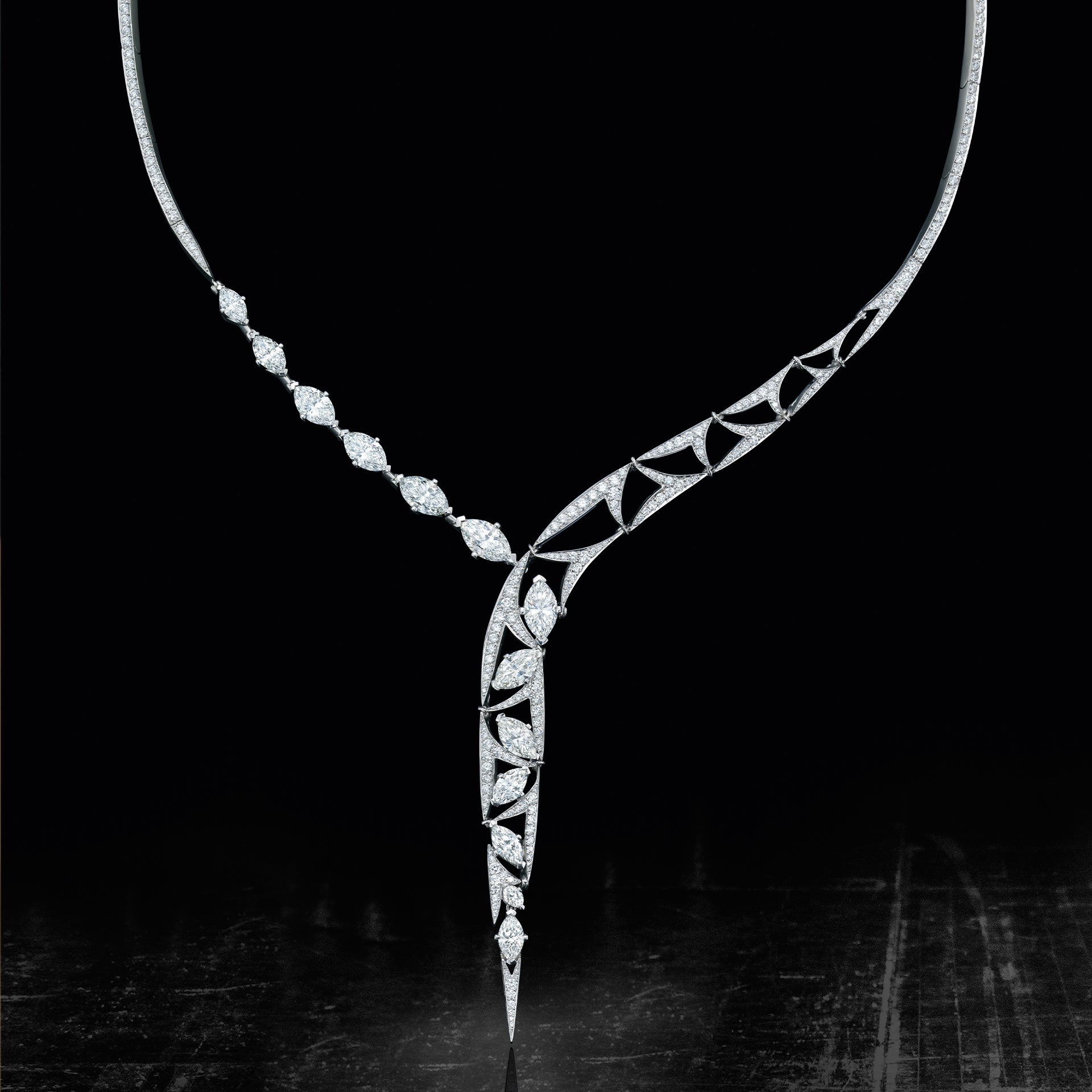 Pas De Deux marquise diamond platinum necklace by Boodles featuring an elegant asymmetric drop design.