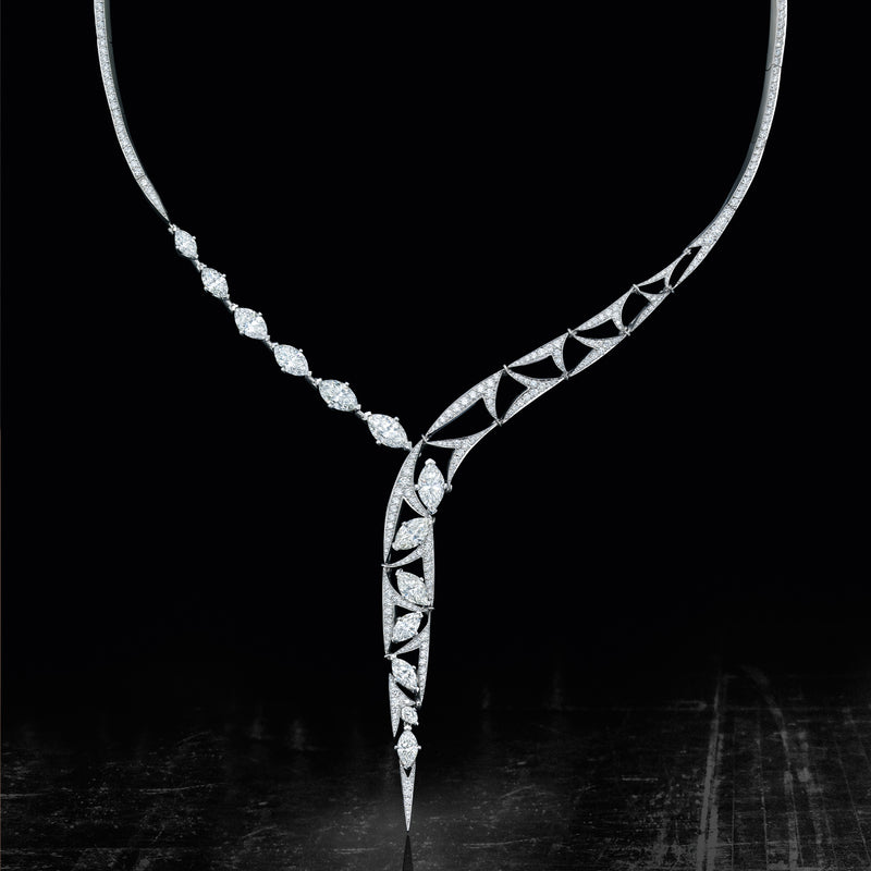 Pas De Deux marquise diamond platinum necklace by Boodles featuring an elegant asymmetric drop design.