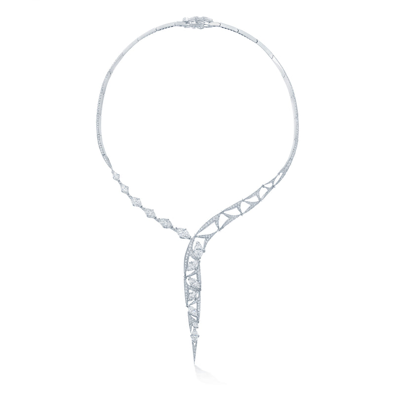 Pas De Deux marquise diamond platinum necklace featuring an elegant drop design on a white background.