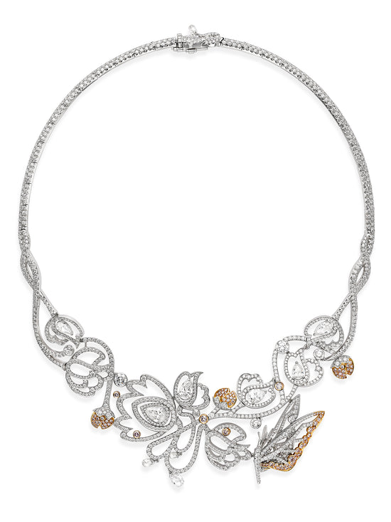 Peony Pink and White Diamond Platinum Necklace