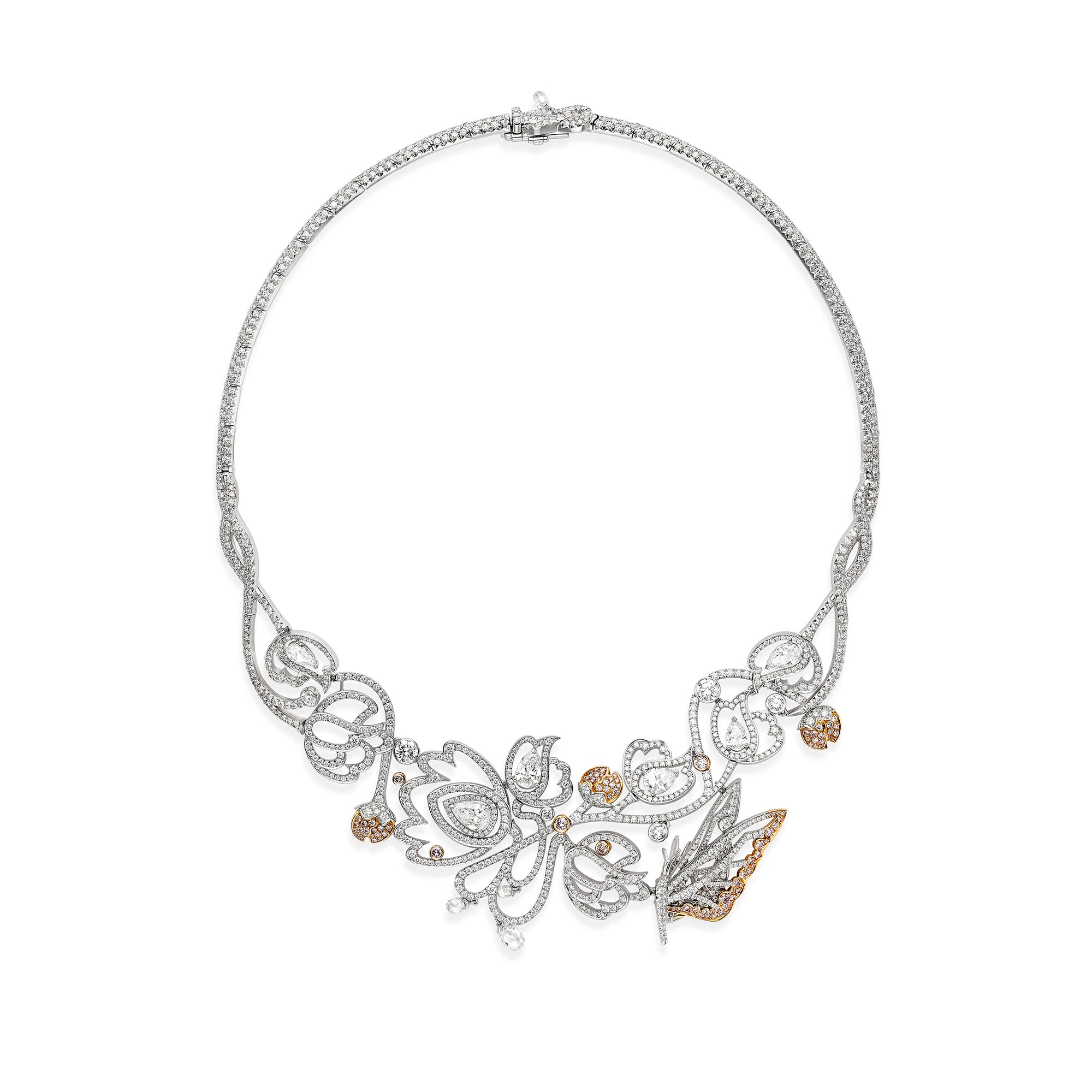 Peony Pink and White Diamond Platinum Necklace