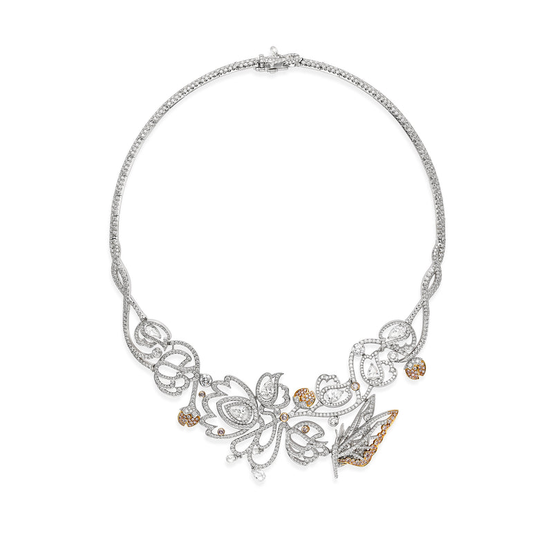 Peony Pink and White Diamond Platinum Necklace