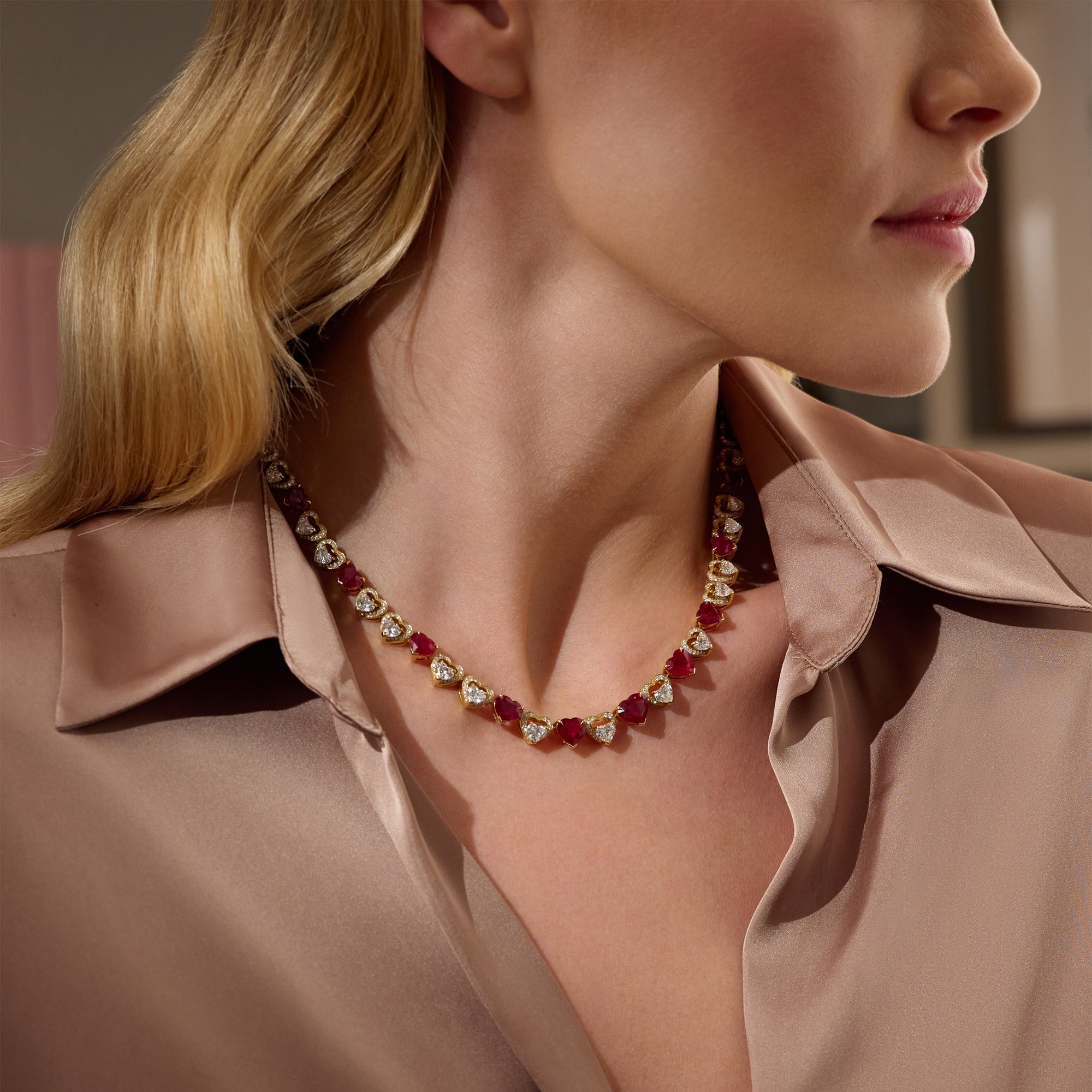 Classic Heart Ruby Diamond Yellow Gold Collar