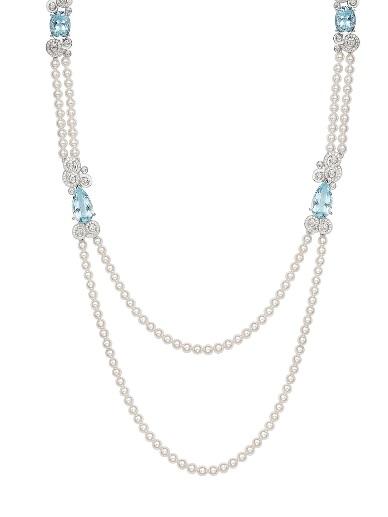 A Family Journey Geneva Aquamarine and Pearl Platinum Necklace