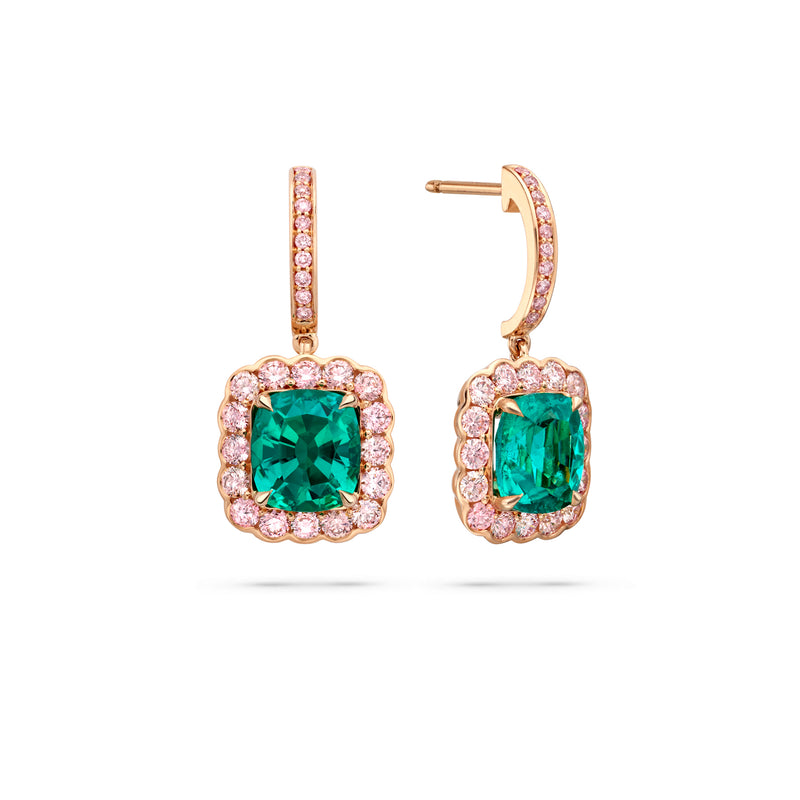 Scalloped Cushion Emerald Rose Gold Earrings