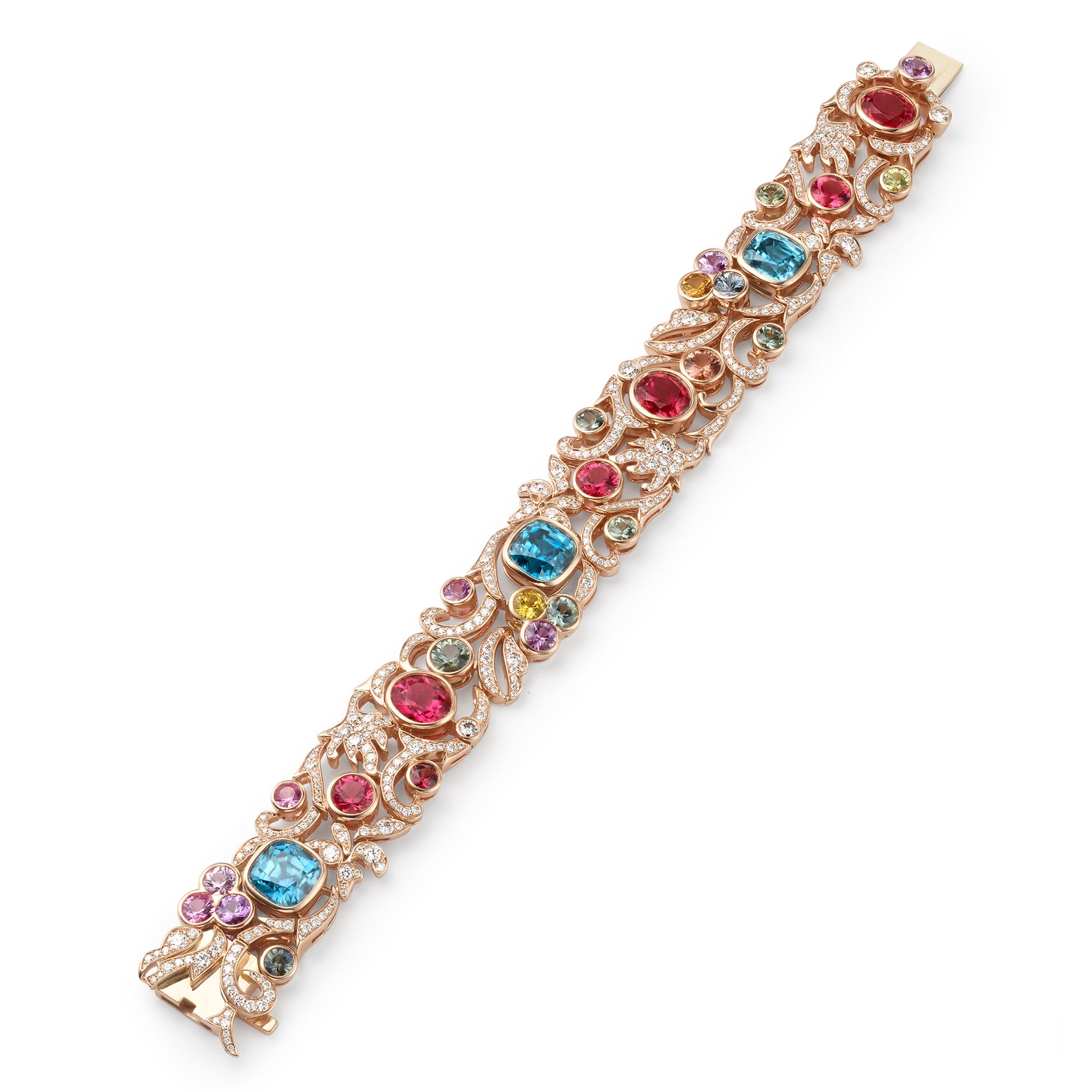 The Palace Collection Royal Damask rose gold bracelet with blue zircons, sapphires, and diamonds.
