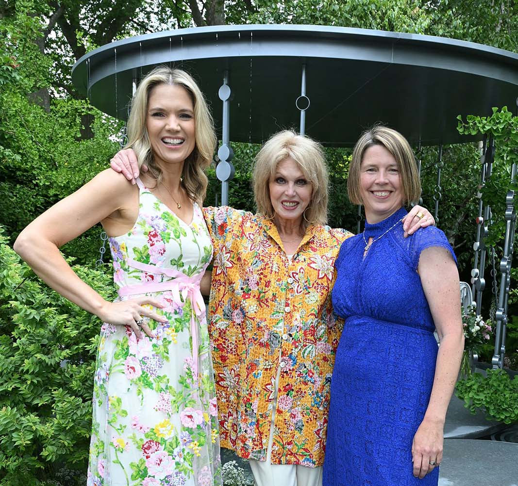 Charlotte Hawkins, Joanna Lumley and Catherine MacDonald at the Boodles Raindance Garden, Chelsea flower show 2025