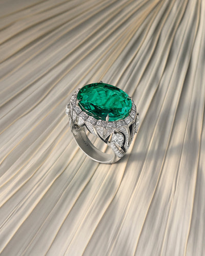 Zebra collection platinum ring with a large green gemstone, black enamel and white diamonds by Boodles Africa suite