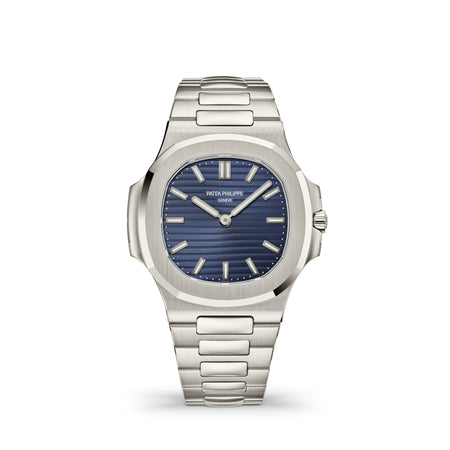 Patek Philippe Nautilus platinum watch with a sunburst blue dial and white gold baton markers.