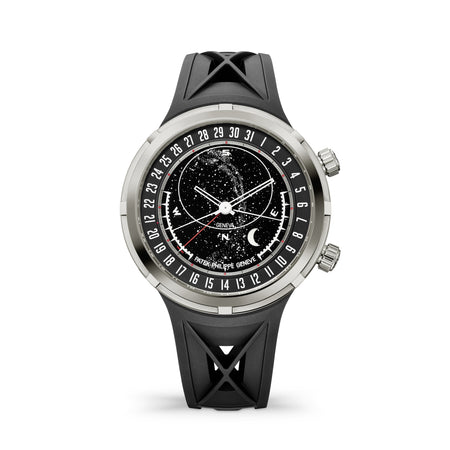 White gold Patek Philippe Grand Complications watch featuring a celestial star dial and black composite strap.