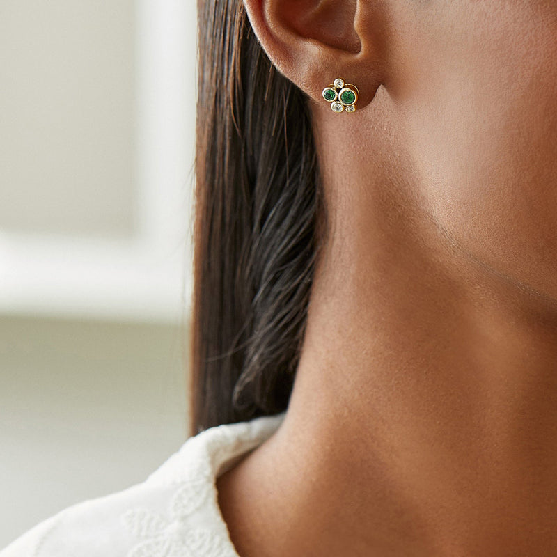 Raindance Cluster Emerald Yellow Gold Stud Earrings