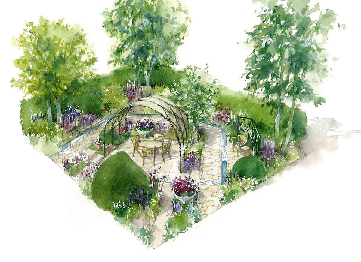 Illustration of a garden with trees, plants, and a seating area. The Boodles Garden, chelsea flower show. 
