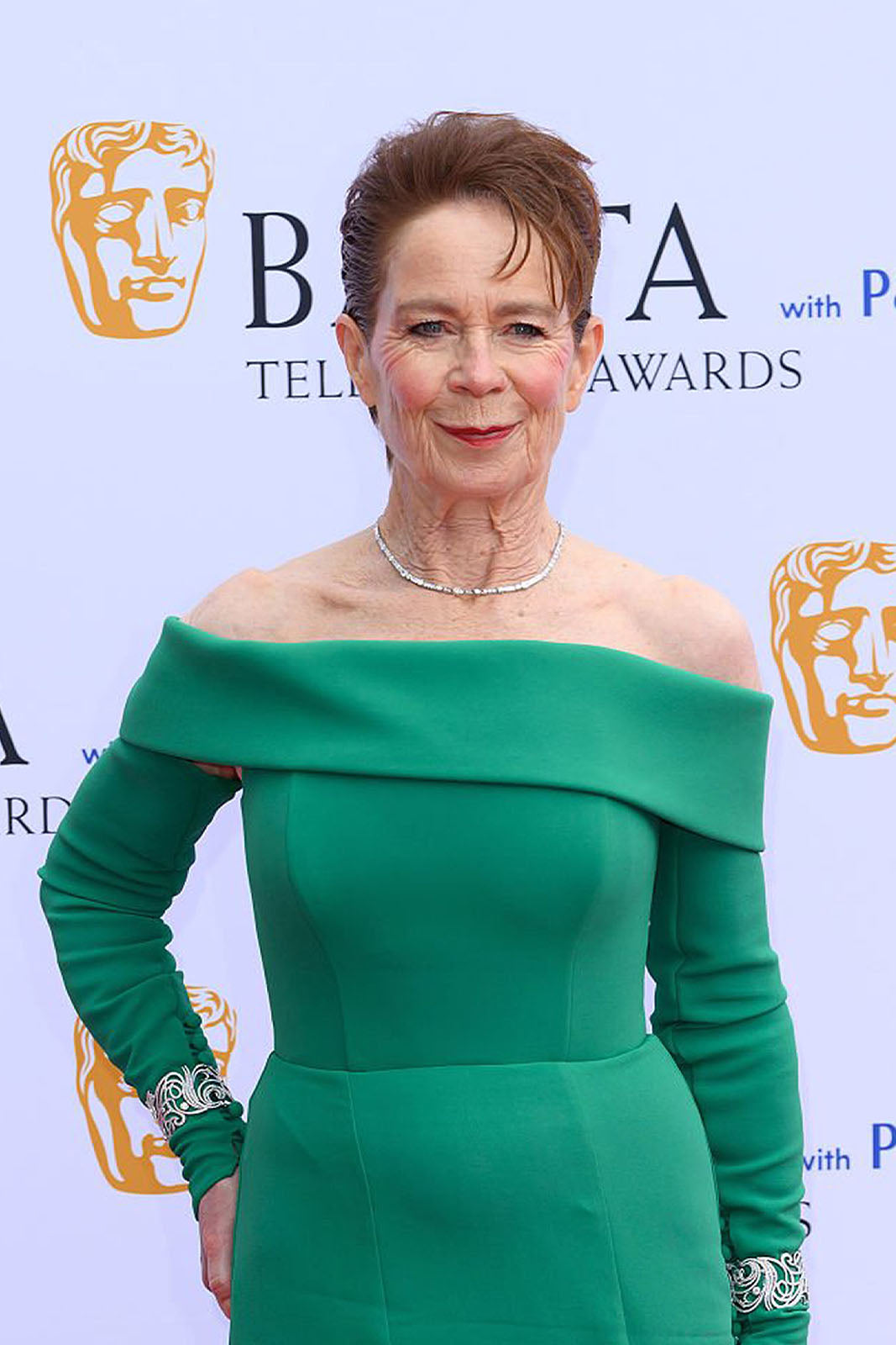 celebrity celia imrie wearing boodles play of light diamond jewellery collection necklace at the Baftas