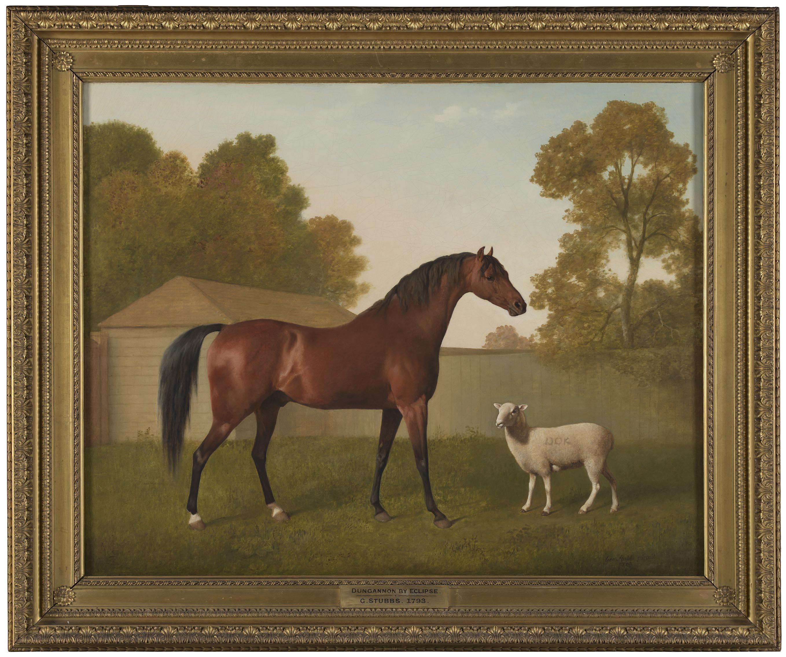 Painting of a horse and a sheep in a pastoral setting with trees and a building. George Stubbs, National Gallery