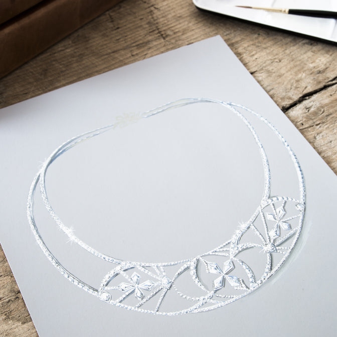 High jewellery painting of platinum necklace with natural diamonds, vintage style inspired by the Royal Ballet. The Pas de deux collection by Boodles.