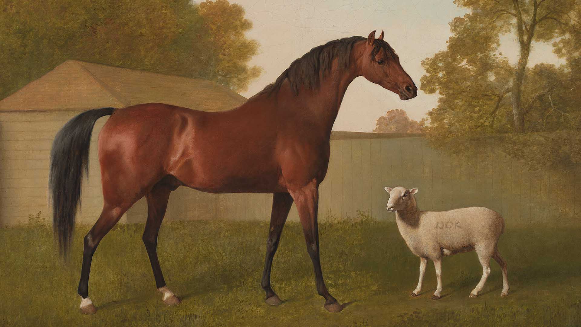 Painting of a horse and a sheep in a pastoral setting with trees and a building. George Stubbs, National Gallery