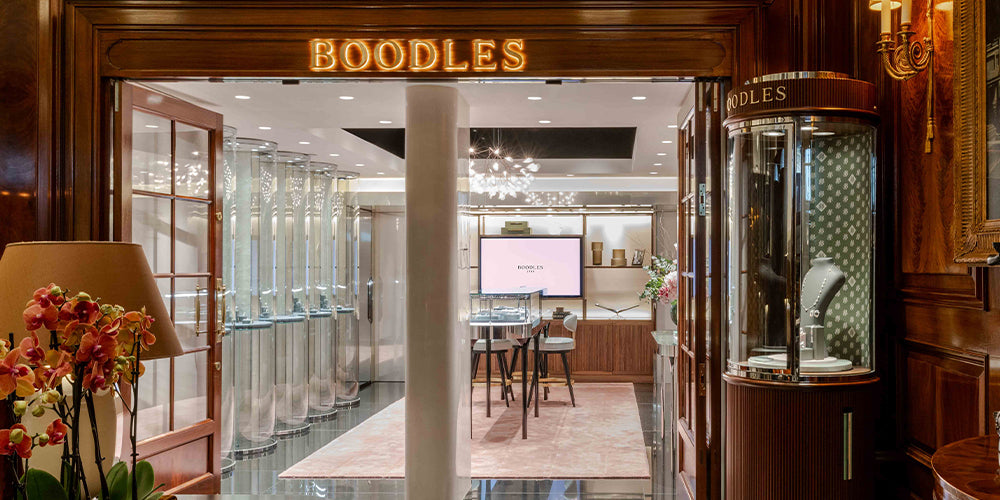 A Boodles showroom of fine jewellery in the Savoy Hotel, London. Fine diamonds, precious gemstones and single mine origin gold jewellery collections.